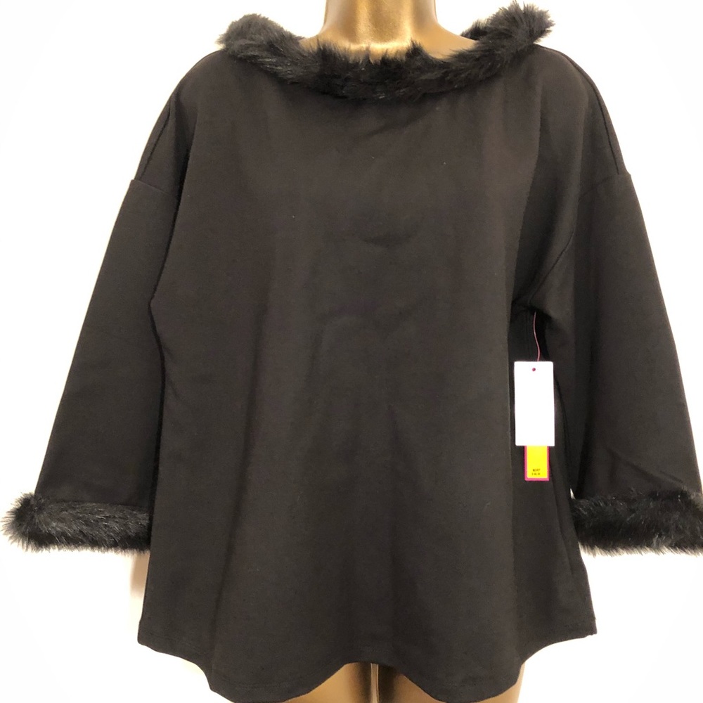 Cathrine black knit top faux fur trim 3/4 sleeves